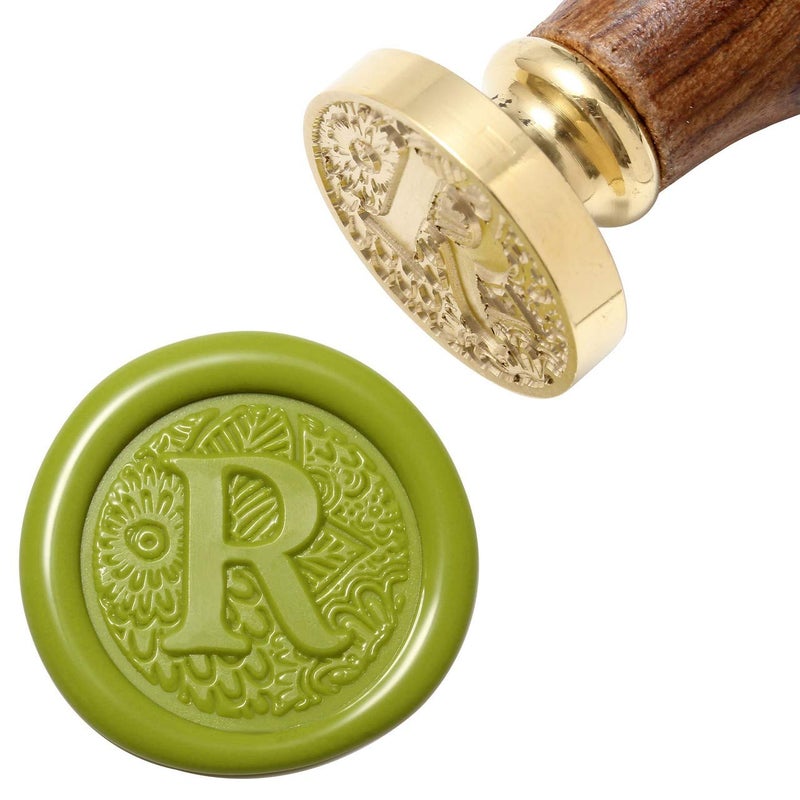 Yoption Letter R Wax Seal Stamp, Yoption Brass Head Botanical Alphabet Initial Sealing Stamp with Wooden Handle - Image 1